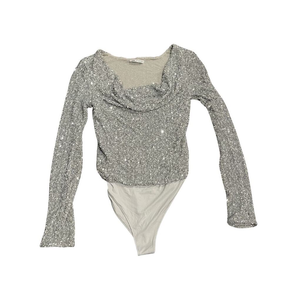 Zara Silver Sequin Bodysuit Long Sleeve Cowl Neckline Size Medium Evening Party